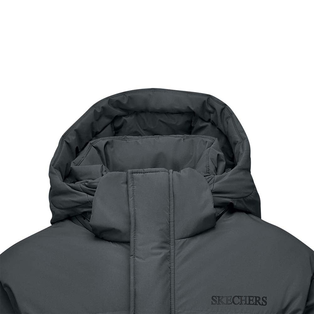 Skechers men's Sport-Utility Woven Down Coat in Gray Pinstripe for lifestyle wear