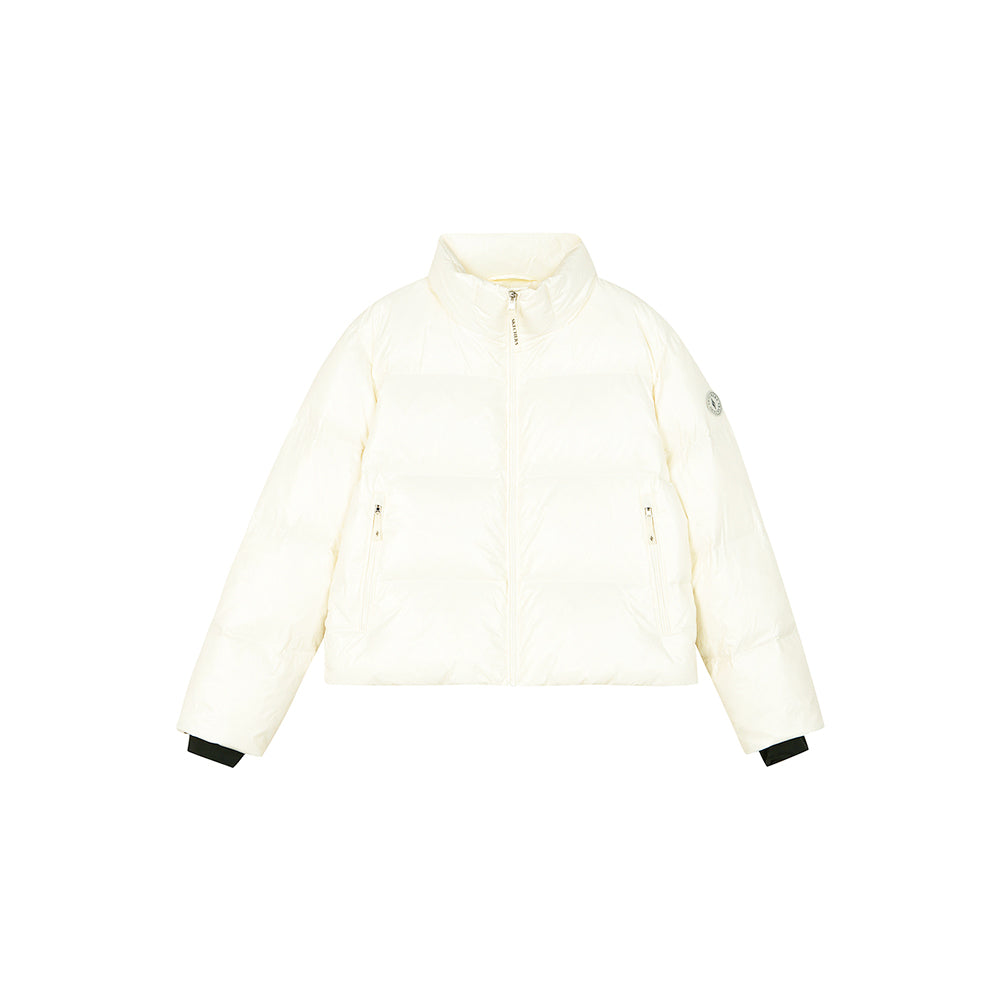 Skechers women's Diamond Woven Down Jacket in Beige for outdoor performance wear