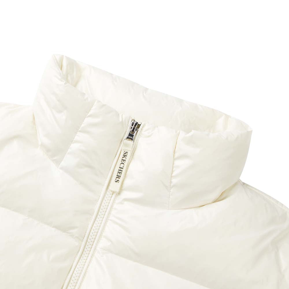 Skechers women's Diamond Woven Down Jacket in Beige for outdoor performance wear