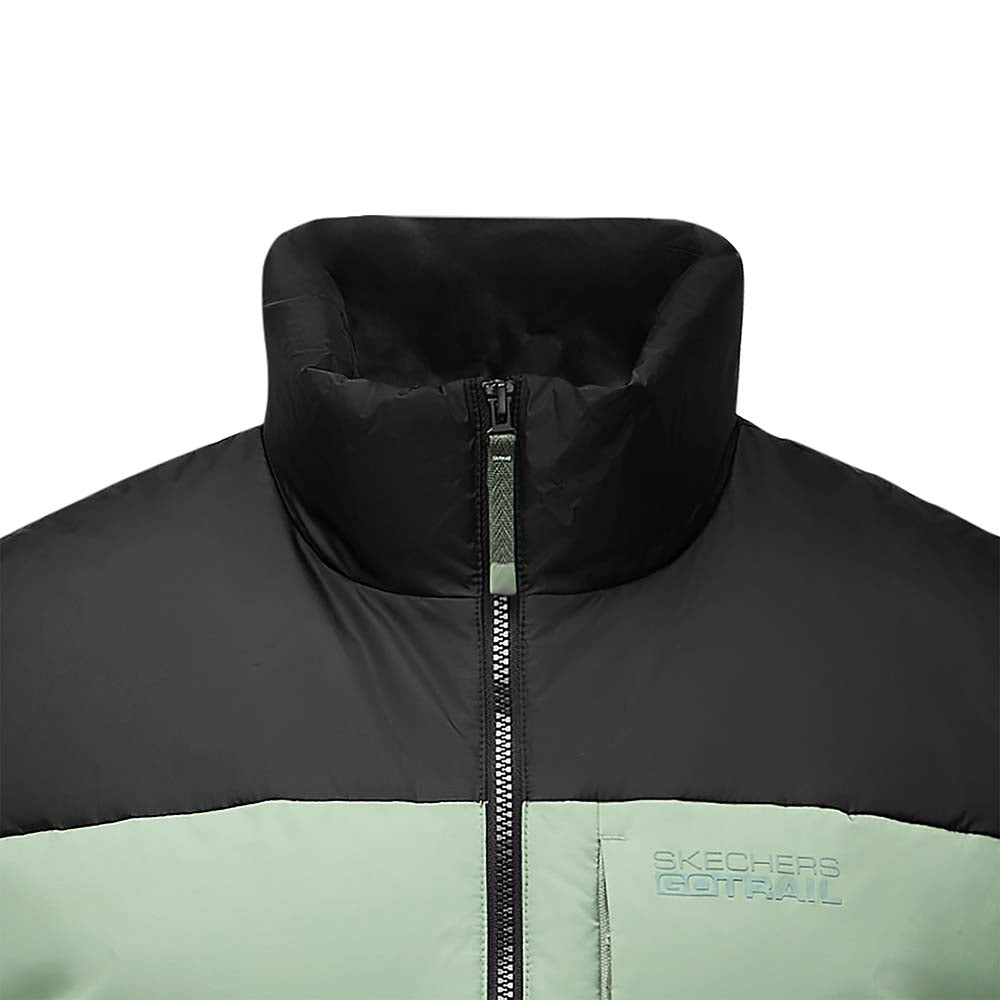 Skechers men's Go Trail Woven Down Vest in Castor Gray for outdoor performance wear