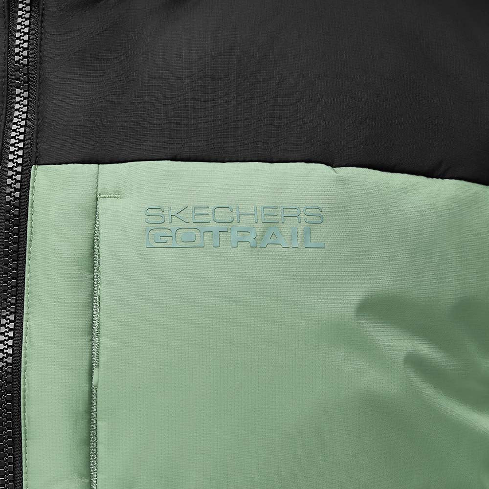 Skechers men's Go Trail Woven Down Vest in Castor Gray for outdoor performance wear