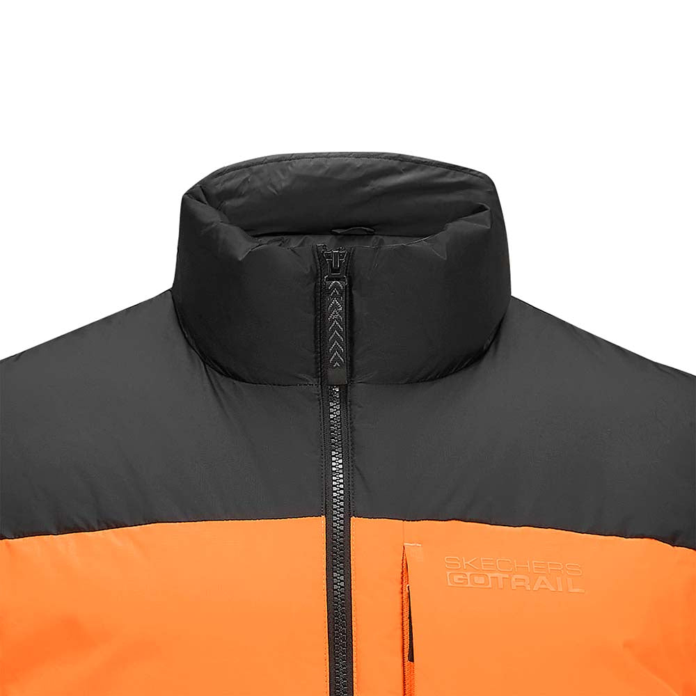 Skechers men's Go Trail Woven Down Vest in Pepper Orange for outdoor performance wear