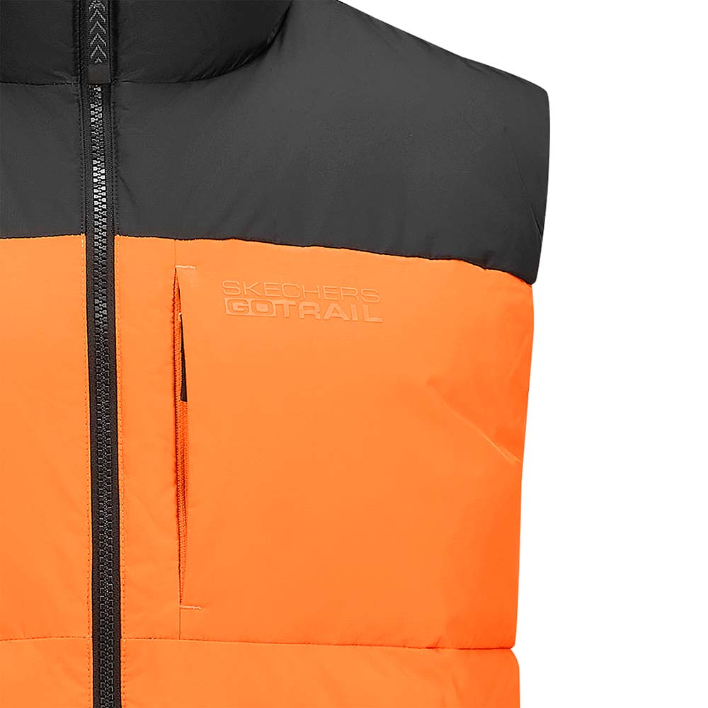 Skechers men's Go Trail Woven Down Vest in Pepper Orange for outdoor performance wear
