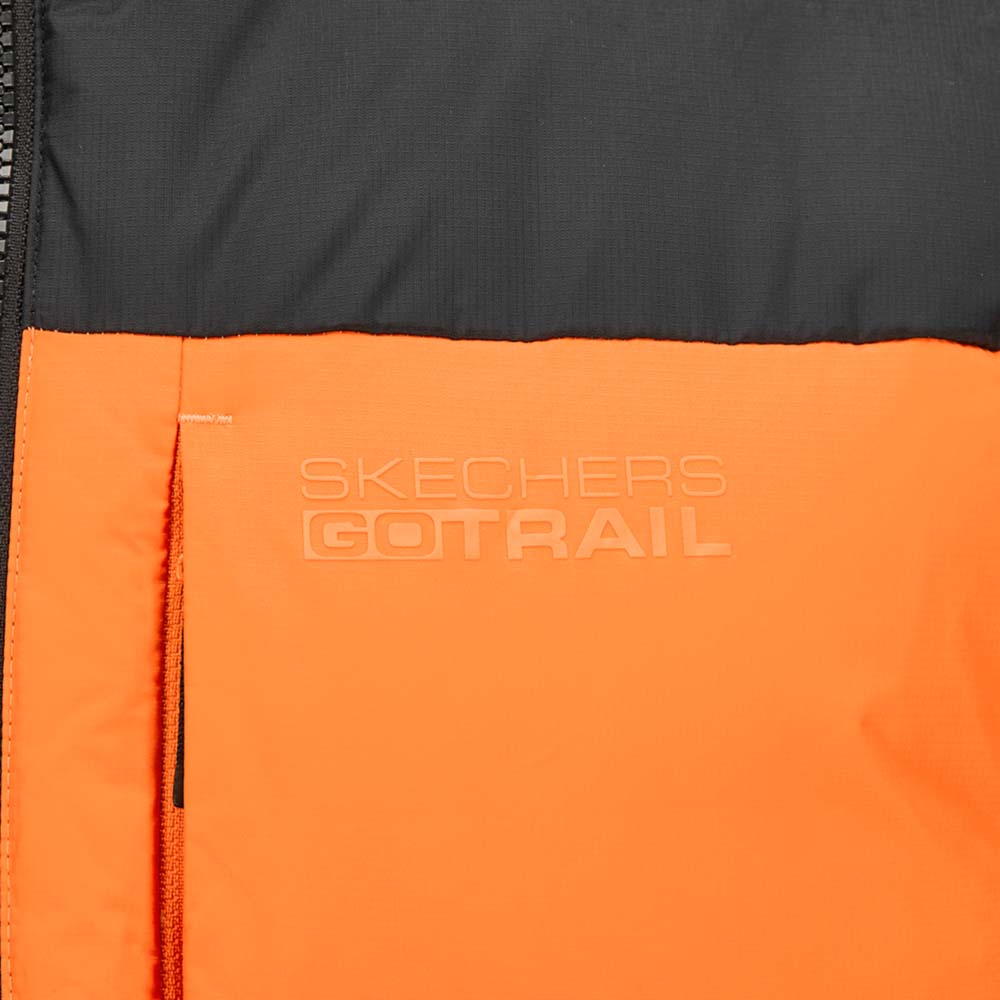 Skechers men's Go Trail Woven Down Vest in Pepper Orange for outdoor performance wear