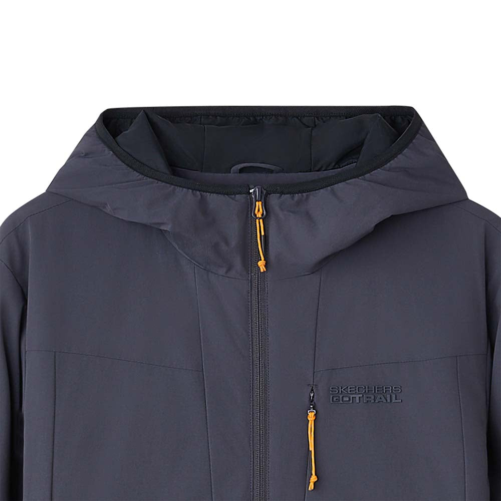 Skechers men's Go Trail Woven Quilted Hooded Jacket in Periscope for outdoor performance wear