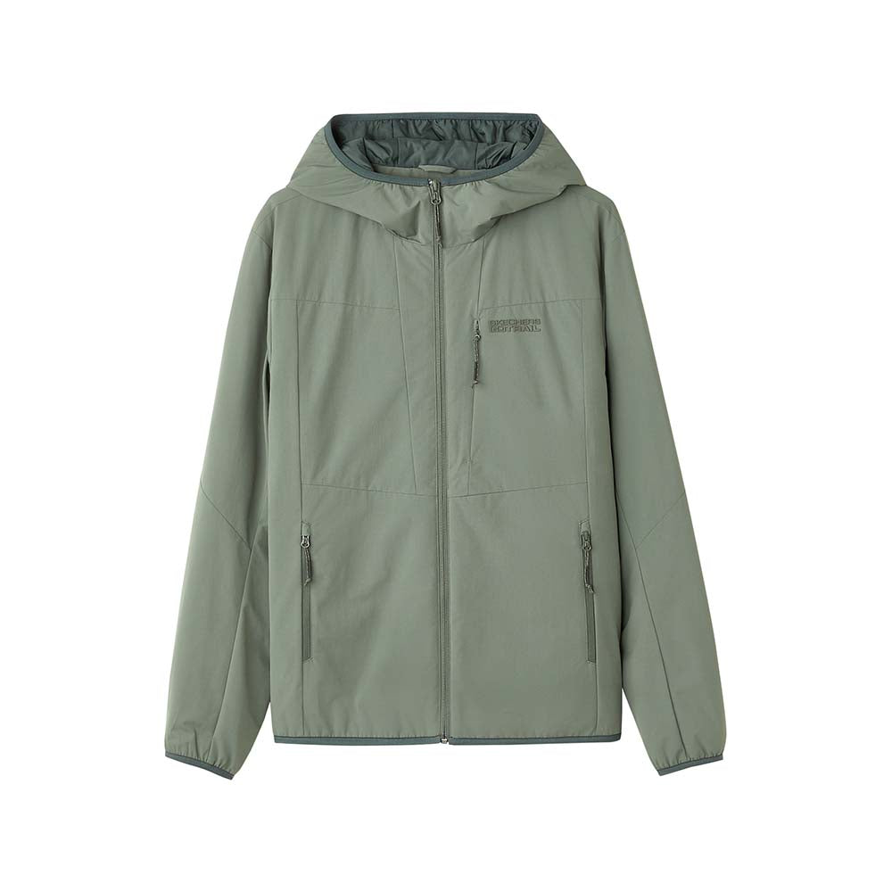 Skechers men's Go Trail Woven Quilted Hooded Jacket in Castor Gray for outdoor performance wear
