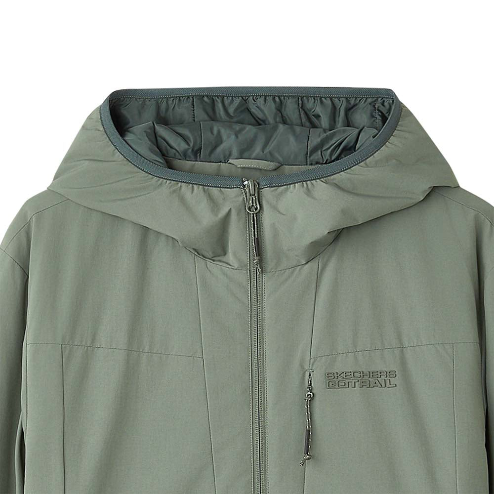 Skechers men's Go Trail Woven Quilted Hooded Jacket in Castor Gray for outdoor performance wear