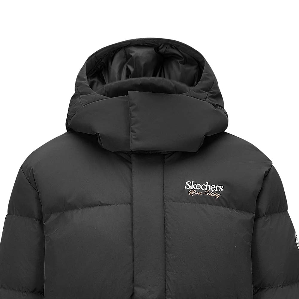 Skechers men's Sport-Utility Woven Down Coat in Black Beauty for lifestyle wear