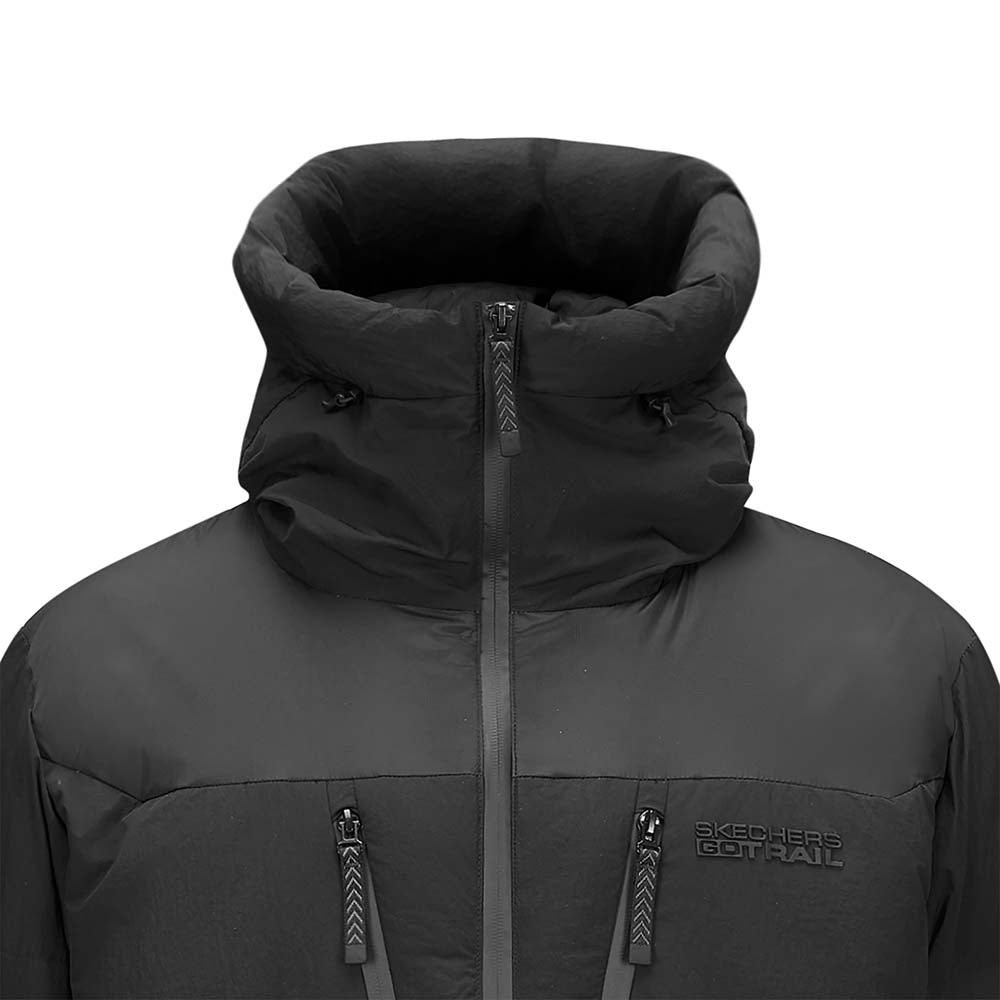 Skechers men's Go Trail Woven Down Jacket in Black Beauty for outdoor performance wear