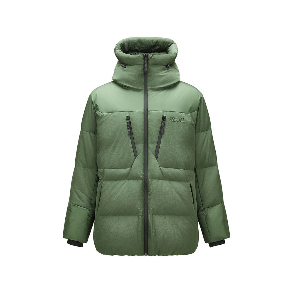 Skechers men's Go Trail Woven Down Jacket in Thyme for outdoor performance wear