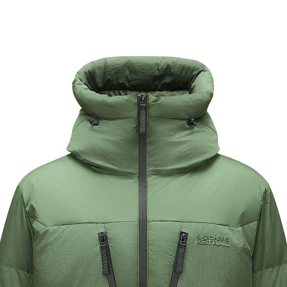 Skechers men's Go Trail Woven Down Jacket in Thyme for outdoor performance wear