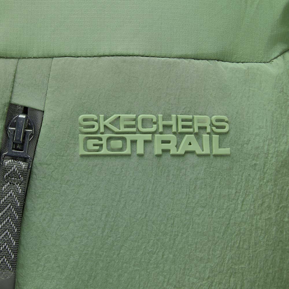 Skechers men's Go Trail Woven Down Jacket in Thyme for outdoor performance wear