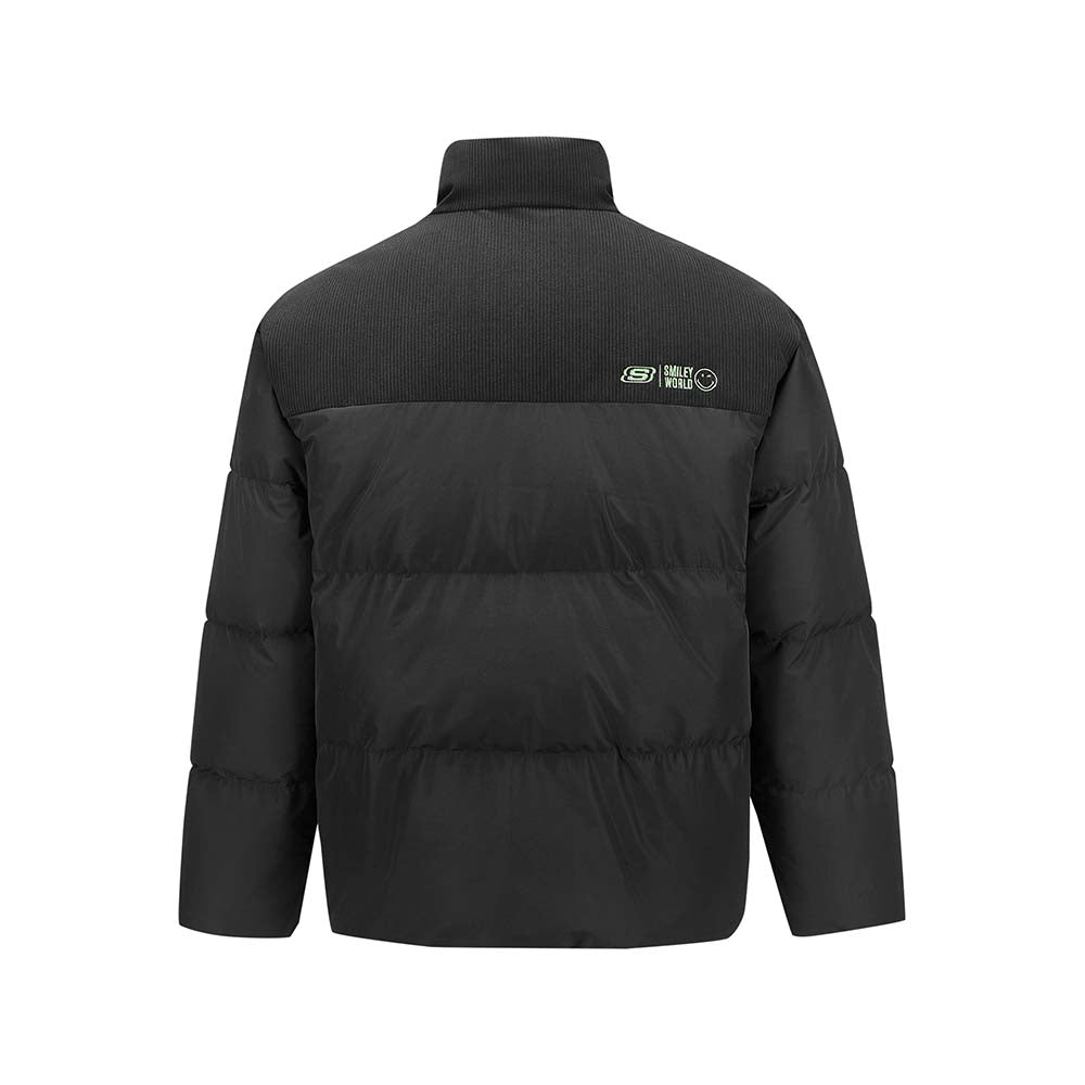 Skechers X SmileyWorld Woven Down Jacket, men's outdoor performance apparel in Black Beauty