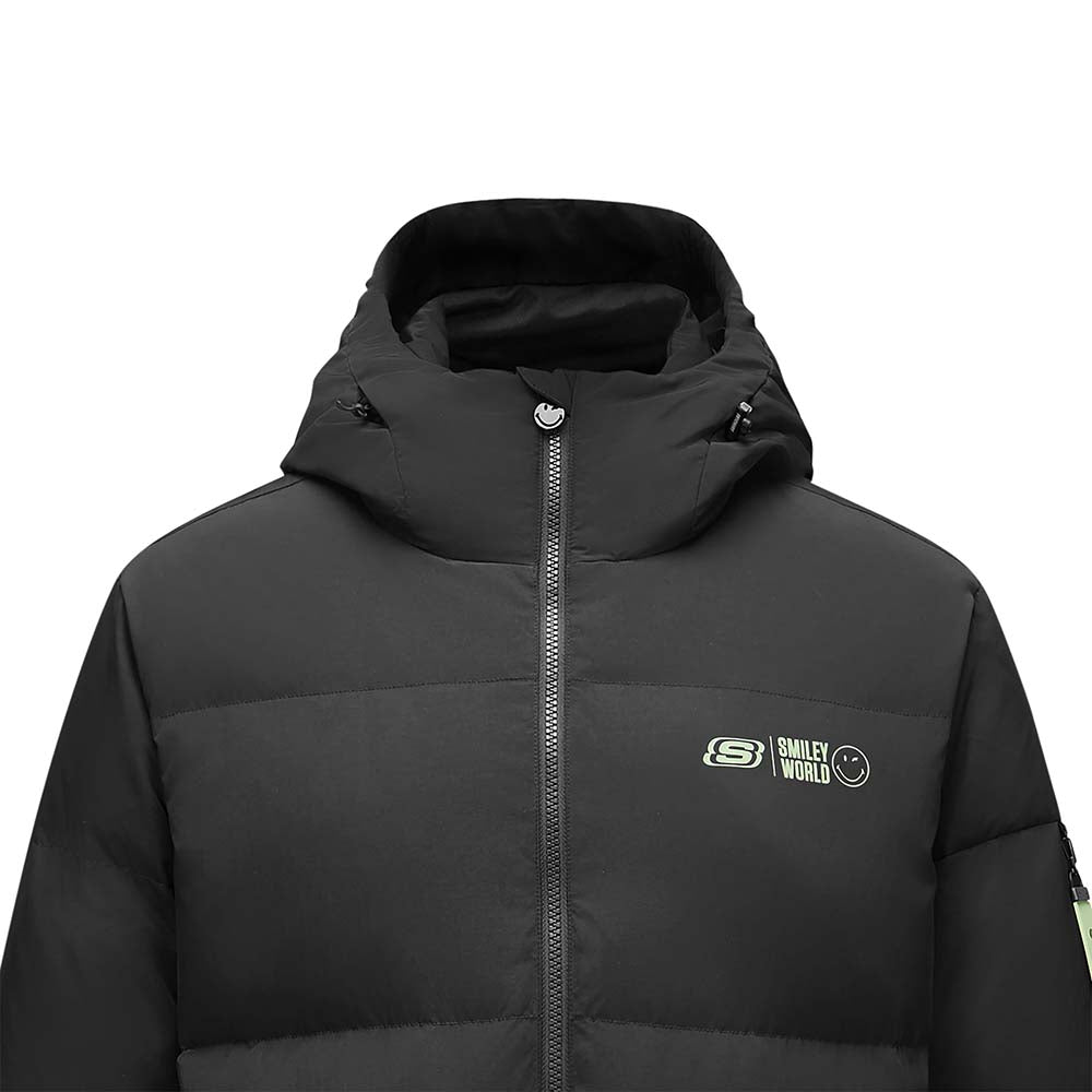 Skechers X SmileyWorld Woven Down Parka, men's lifestyle apparel in Black Beauty