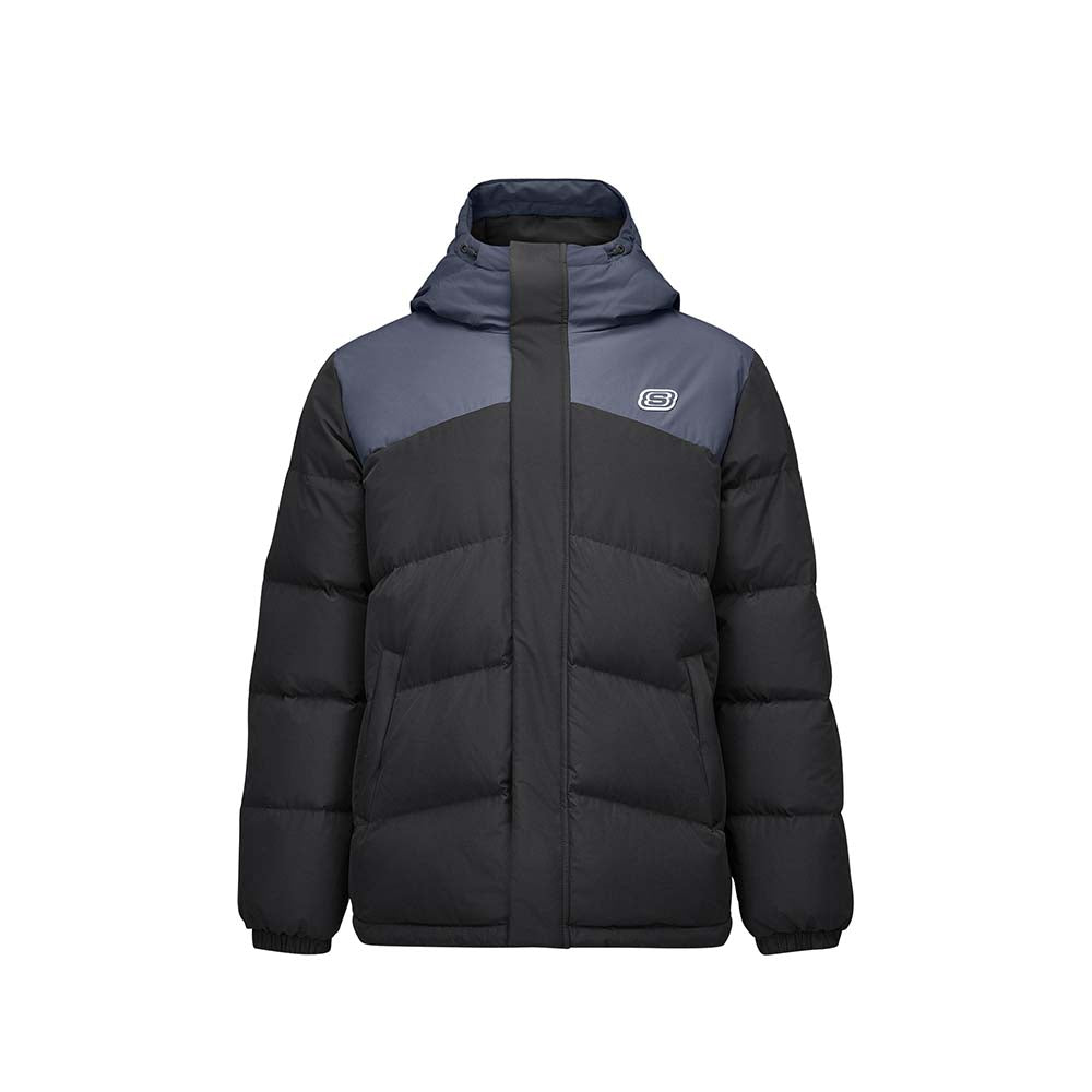 Skechers men's Go Trail Woven Down Jacket in Black Beauty for outdoor performance wear