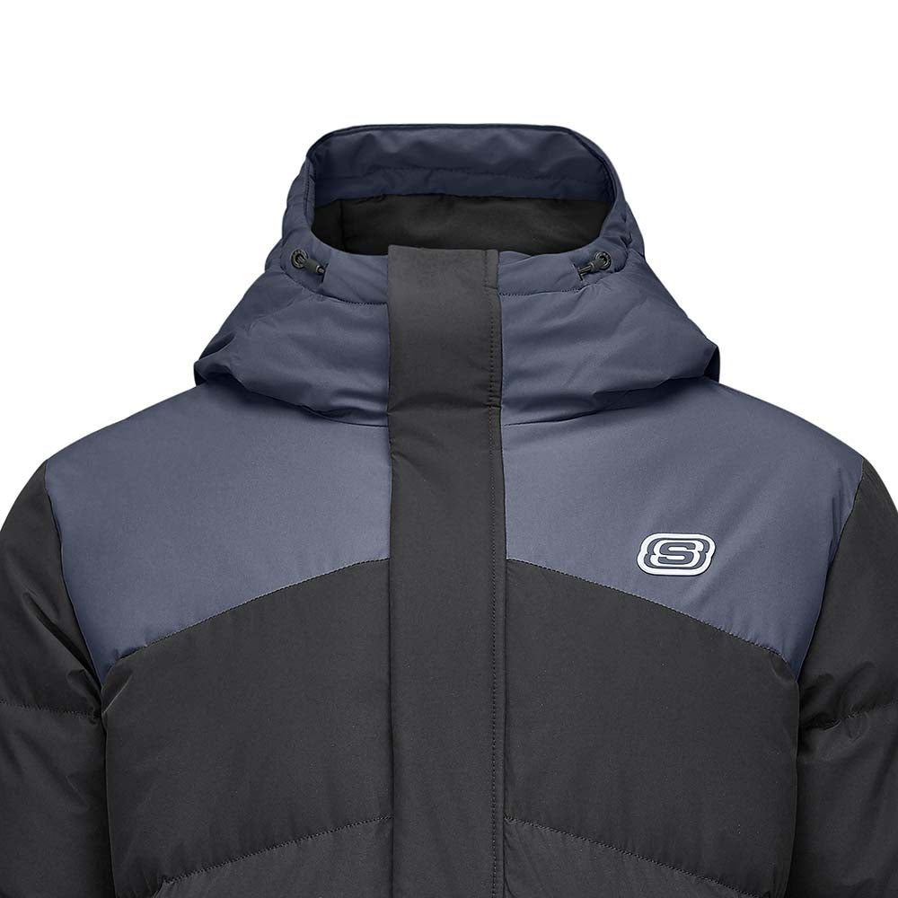 Skechers men's Go Trail Woven Down Jacket in Black Beauty for outdoor performance wear