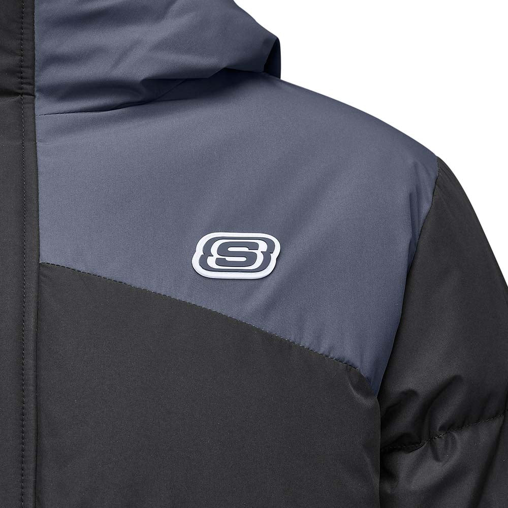 Skechers men's Go Trail Woven Down Jacket in Black Beauty for outdoor performance wear
