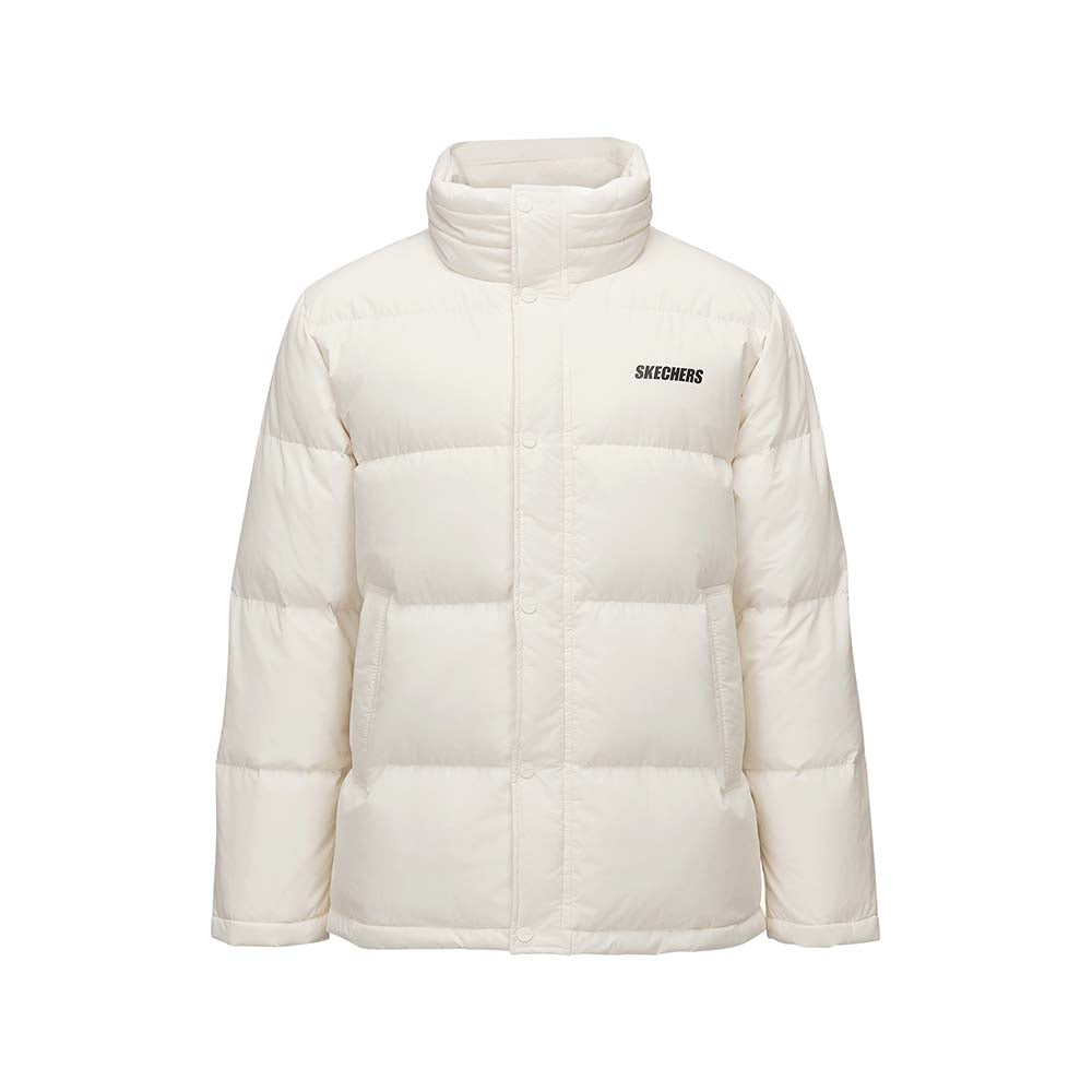 Skechers men's Basic Leisure Woven Down Jacket in Whisper White for lifestyle wear