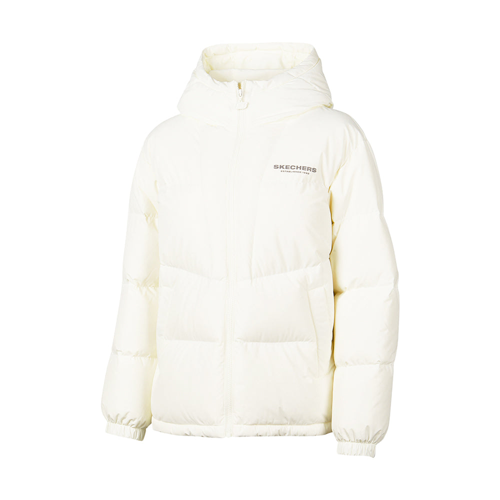 Skechers women's Sport-Utility Woven Down Jacket in Marshmallow for lifestyle wear