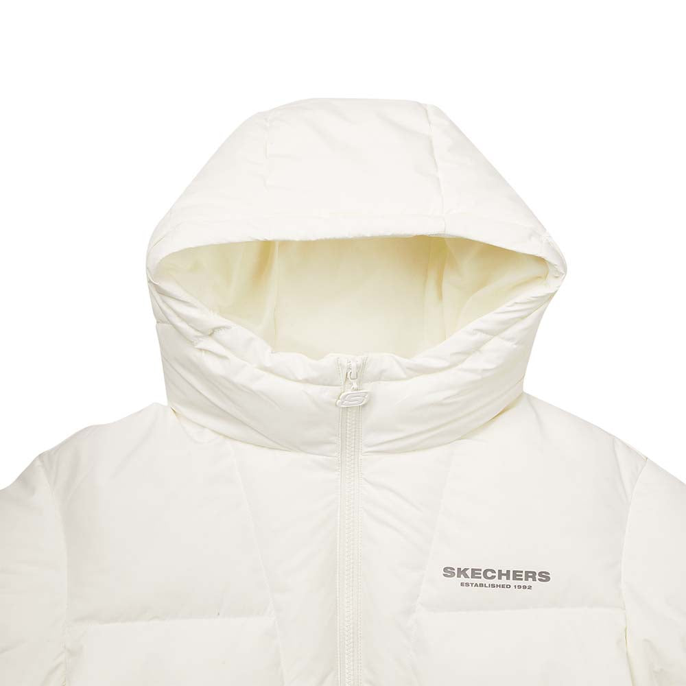 Skechers women's Sport-Utility Woven Down Jacket in Marshmallow for lifestyle wear